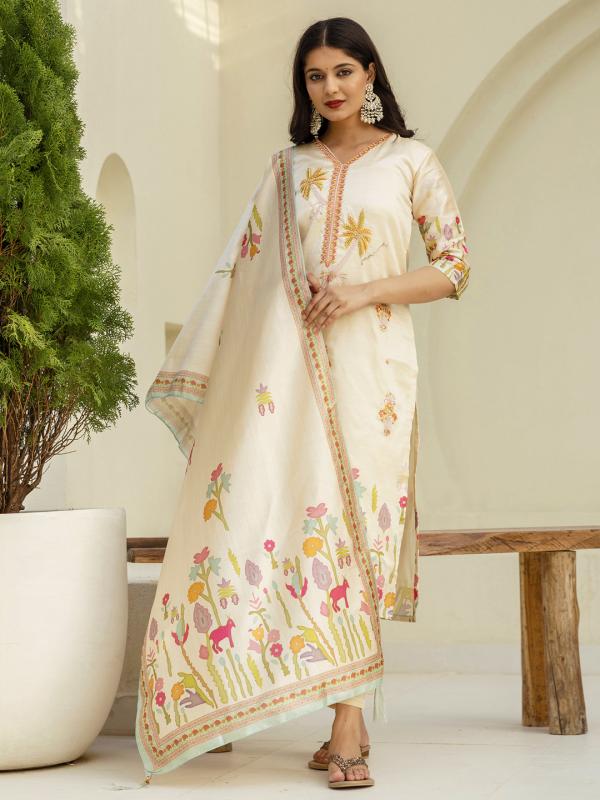 VP 9739 C Cream Floral Print Silk Women Kurta Sets With Printed Dupatta Suits